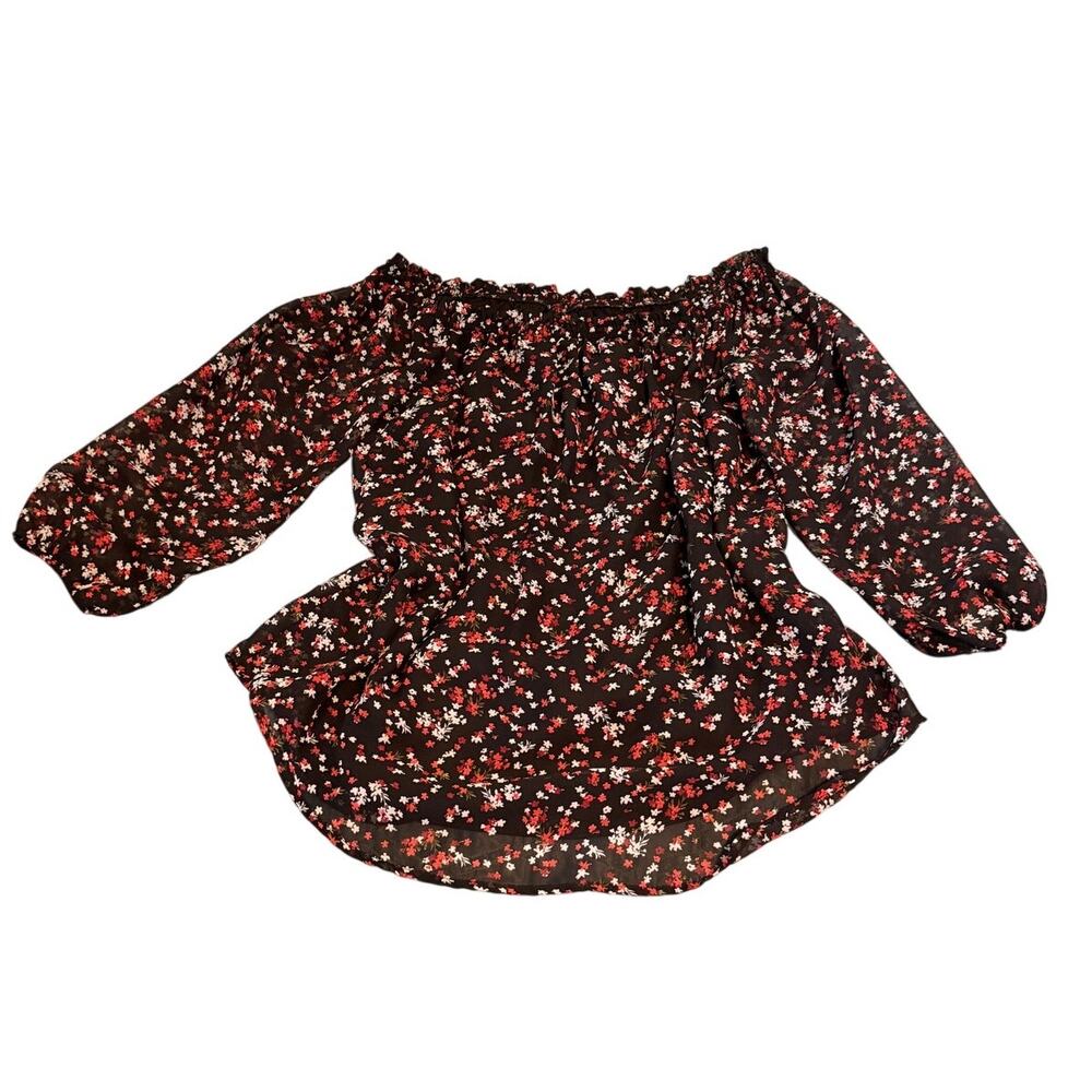 Bobeau Floral Off Shoulder Blouse Women M Black Red Balloon Sleeve Boho Top